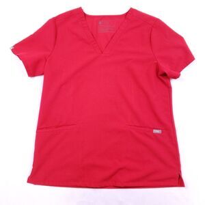 FIGS Casma Three-Pocket Scrub Top Women's Medium Red V-Neck Short Sleeve Tech